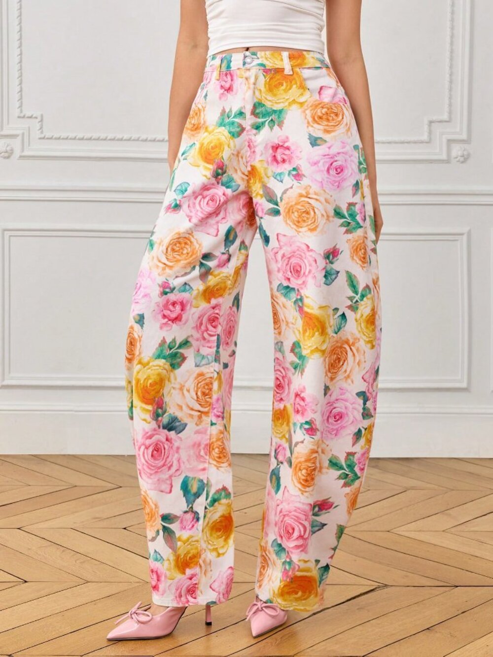 White Boho Women's / Watercolor Colorful Floral Denim Print Flared Pants - Picture 4 of 5